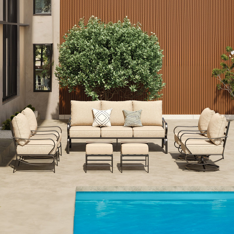 7-Person Patio Conversation Set With Cushions, Beige