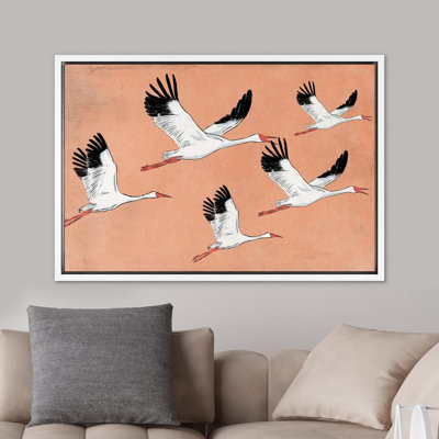 "IDÉE4WALL", reproduction d'art sur toile encadrée, décoration de chambre BCBG orange pastel, ciel, grue, motif d'oiseaux, animaux, nature, décoration, multicolore, rustique coloré pour le salon, la chambre à coucher, le bureau, encadrée sur toile