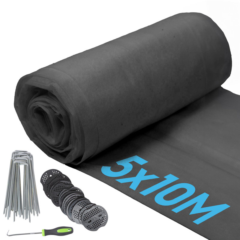 Harbour Housewares 50gsm Weed Control Fabric Set with Pegs & Plates - 5M x 10M (5 Rolls)