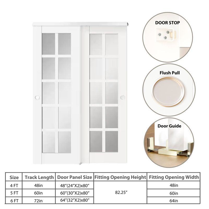 2 portes intérieures en panneau de fibres à densité moyenne avec quincaillerie en aluminium - 10 panneaux coulissants en verre givré Lite style blanc moderne