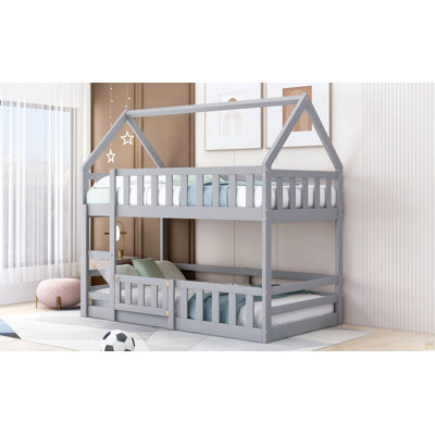 Twin Over Twin House Bunk Bed With Fence And Door