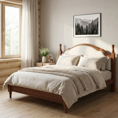 Tête de lit tapissier grand format avec tête de lit rembourrée en bois, structure brune et tissu neutre