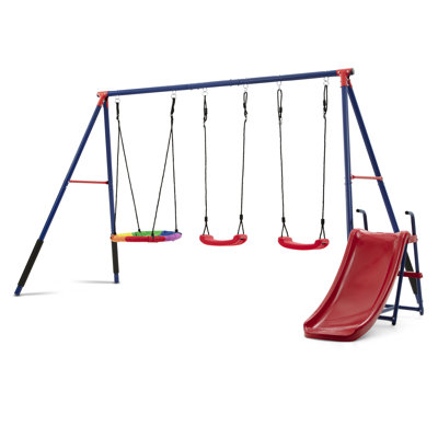 Delta Children Funzone Outdoor Metal 4-Piece Swing Set - Includes 2 Swings, 1 Disc/Saucer Swing And Slide, Blue/Red