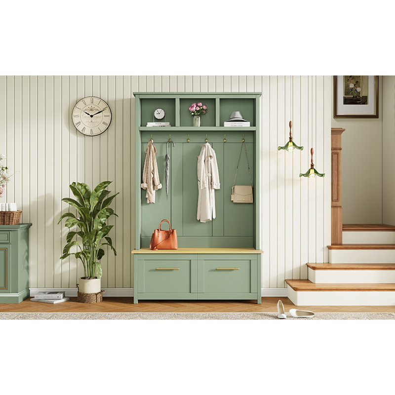 Arbre d'entrée polyvalent 4-en-1 avec 6 crochets dorés, banc à grain de bois avec plusieurs espaces de rangement, Mint Green