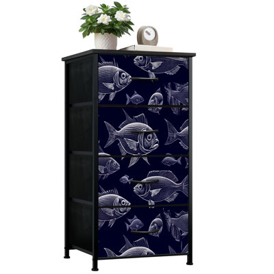 Commode pour la chambre à coucher avec 4 tiroirs de rangement Poignées de bain détaillées à motifs foncés Commode à armoires en tissu avec cadre en acier pour chambre d'enfant