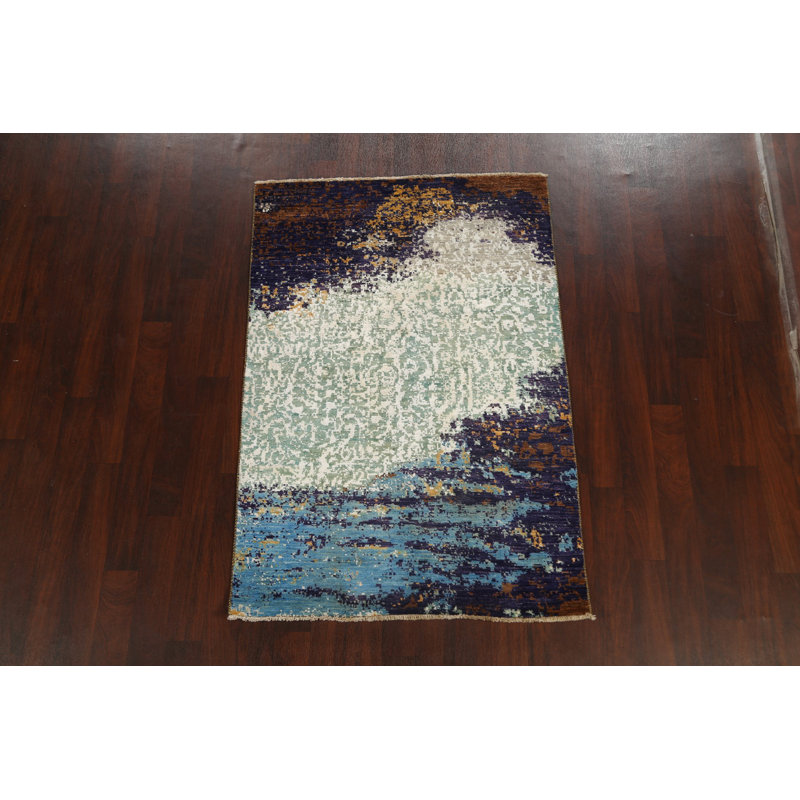 Tapis ivoire / bleu / brun noué à la main de conception unique 4 pi 1 po x 6 pi 1 po New Age