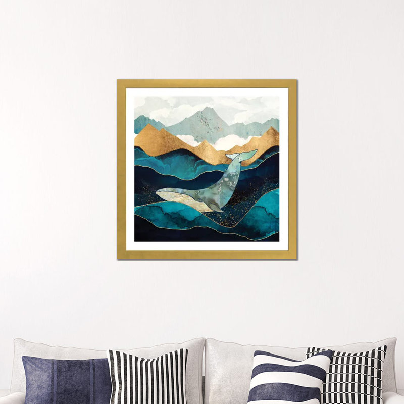 Baleine bleue - reproduction d'art, Blanc, H 16 po x l 16 po x p 1 po, Papier encadré noir