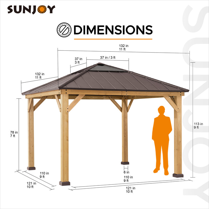 Sunjoy Hardtop Gazebo 11 x 11 ft. Standard Cedar Framed Wood Gazebo with Brown Steel and Polycarbonate