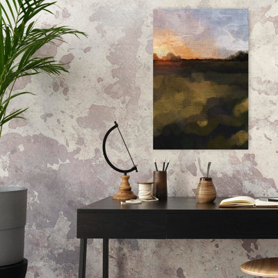Soleil couchant à travers un paysage abstrait impressionniste, art naturel contemporain
