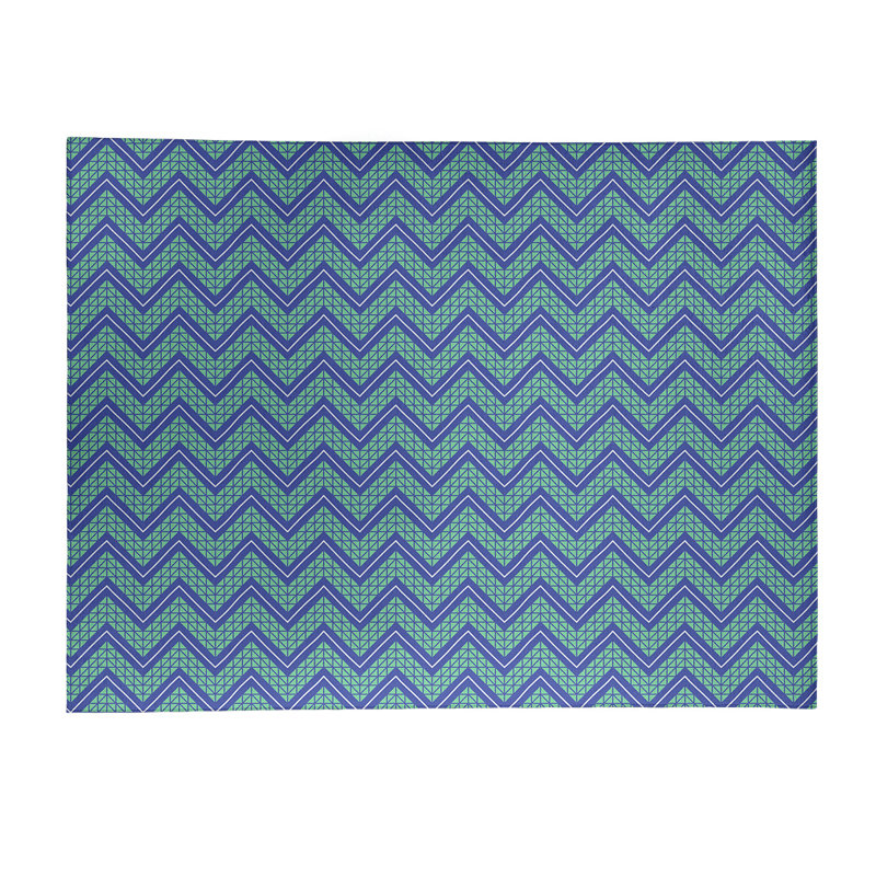 Tapis vert/bleu à chevrons à main, Rectangle 5 pi x 7 pi