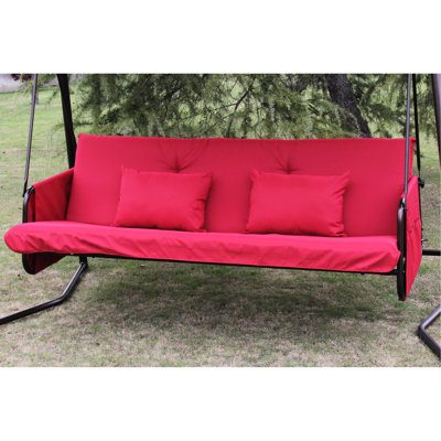 Balancelle d'extérieur de couleur rouge avec coussin et auvent. Structure en métal, rouille, capacité de 600 lb. Dossier en tissu imperméable et respirant. Double chaise / lit. Coussin, système stable. Assemblage facile