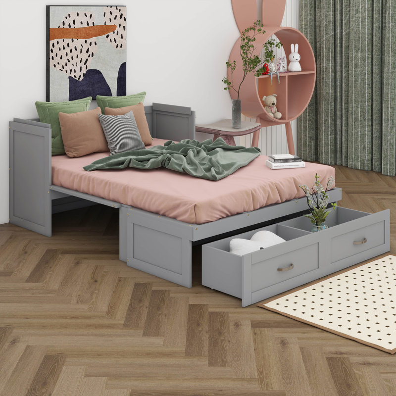 Lit escamotable avec ports USB, grands tiroirs, gris, Complète