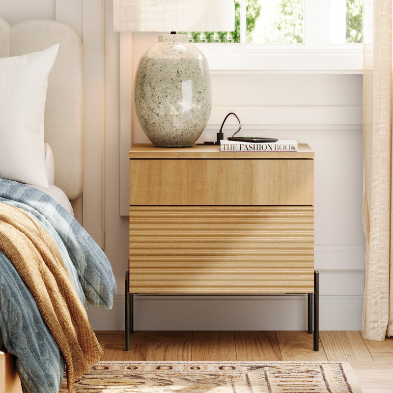 Laverda Modern Minimalist Nightstand, Reed Pattern Design, With Usb Ports, Oak