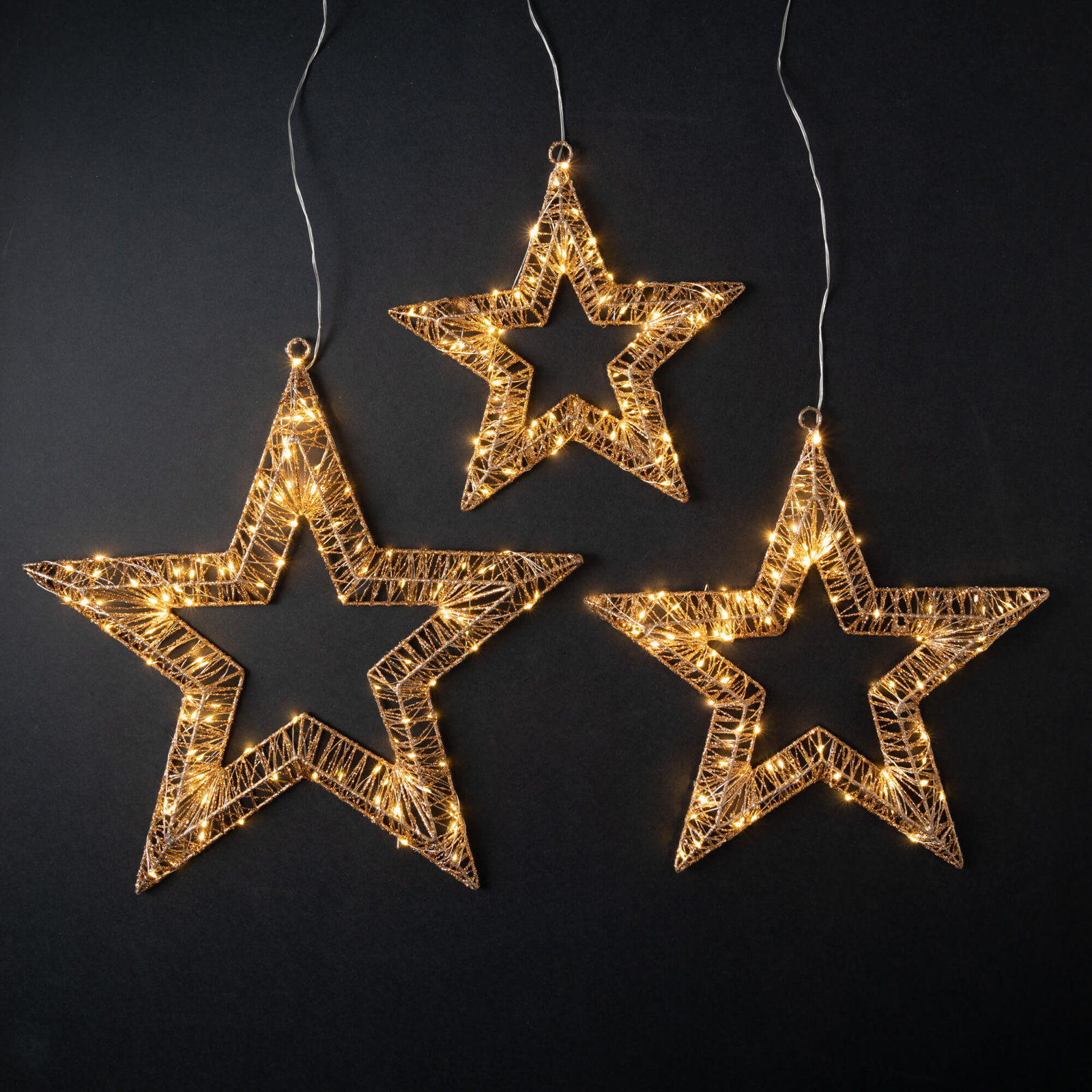 13.75", 17.75" & 21.5" Christmas Silver Lighted Star Trio Set of 3, Gold