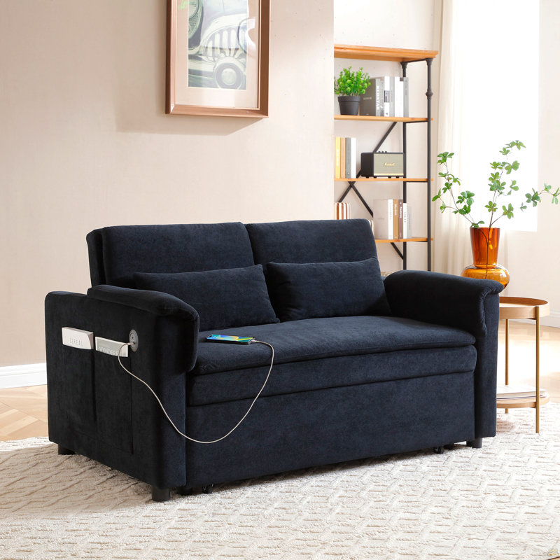 55" Velvet Two Seater Pull Out Sofa Bed, Adjustable Backrest With  Usb Ports, Two Side Pockets, 3 In 1 Convertible Sleeper Sofa Bed