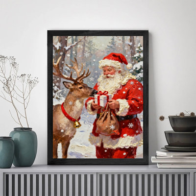 Black Framed Vintage Christmas Wall Art - Santa & Reindeer Festive Decor with Classic Oil Painting Aesthetic Framed Prints
