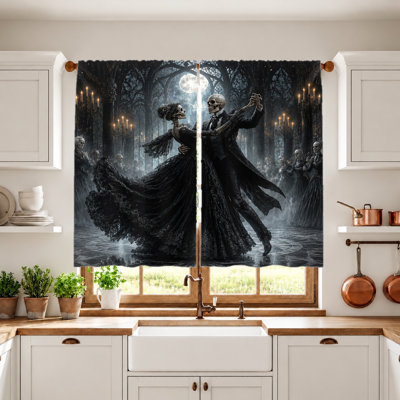 2Pcs Skeleton Couple Dancing Curtains, Gothic Castle Theme, Full Print Decorative, Light Filtering for Living Room Bedroom Balcony