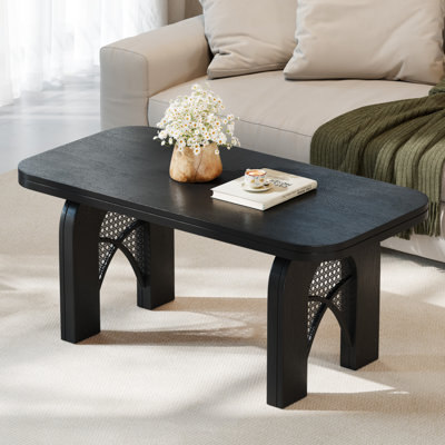 Boho Coffee Table For Living Room, 39" Rattan Coffee Table With Arched Cane Legs, Mid Century Modern Rectangle Wood Center Table For Small Spaces & Apartment,Black