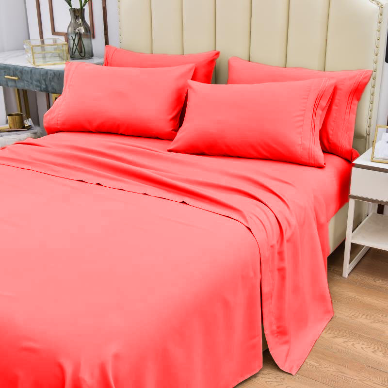 Premium Rayon From Bamboo 6 Pc Sheet Set With Deep Pockets, Cooling, Coral, Twin Sheet Set with 2 Pillowcases