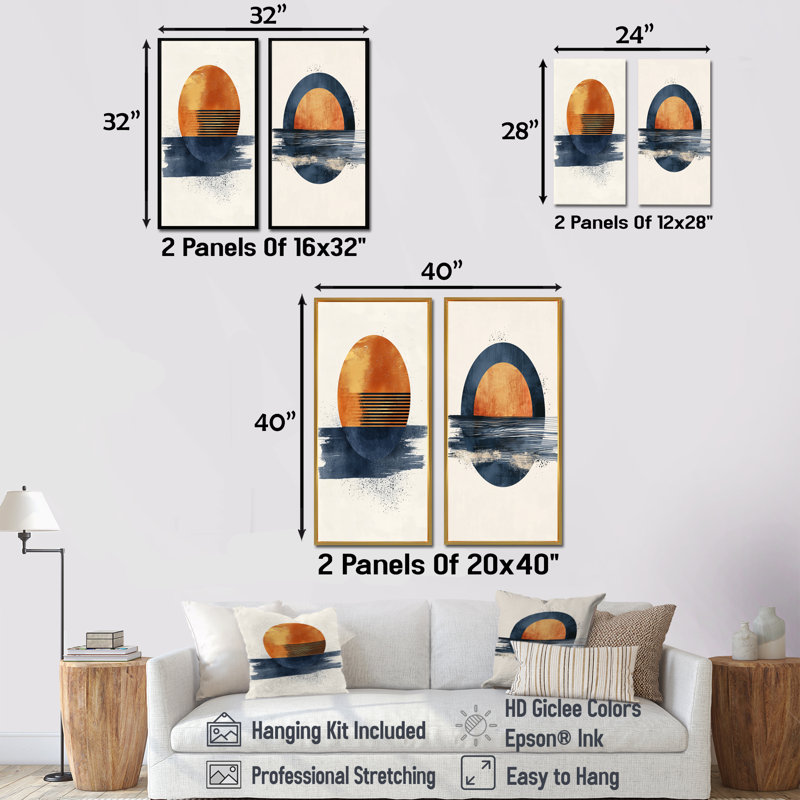 Ensemble de 2 pièces d'art géométrique bleu et orange lever de soleil symétrique I - formes abstraites, H 32 po x l 32 po