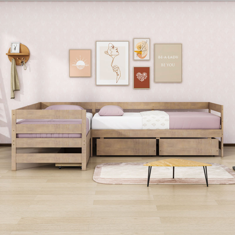 Twin L-shaped Platform Bed with Three Storage Drawers, Natural