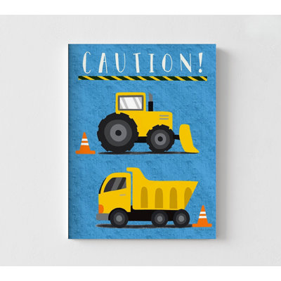 Kid Caution Poster Print, Framed Yellow Trucks Art, Fun Construction Poster, Kids Blue Wall Art, Playroom Art Print, Framed Wall Art