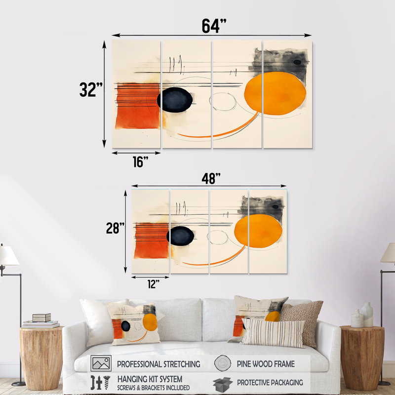 Lune orange abstraite, minimalisme rétro - art mural abstrait 4 pièces, H 28 po x l 48 po