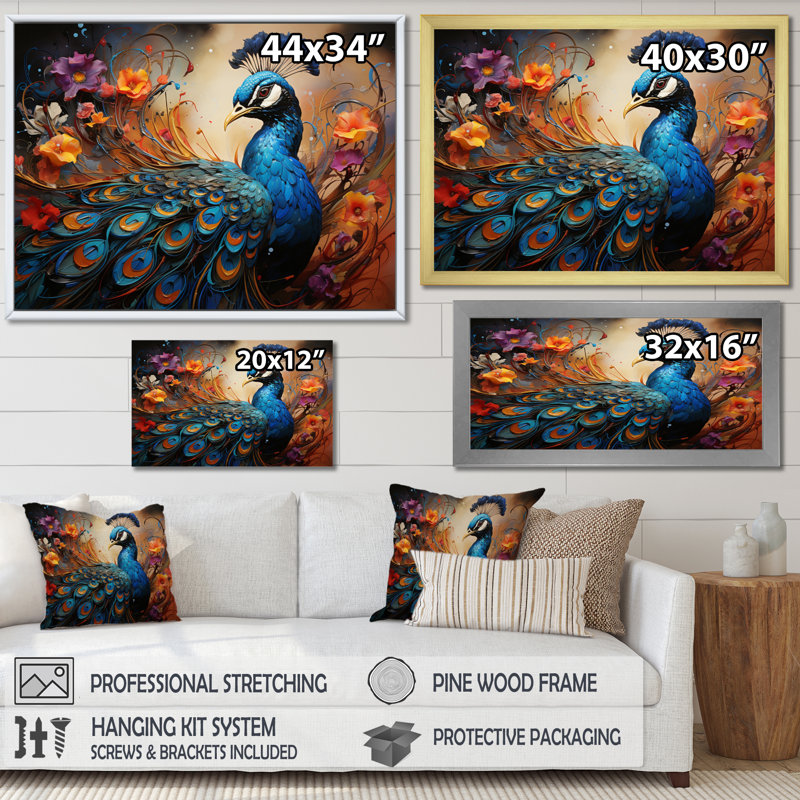Peacock Abstract Collage I - Animals Wall Art Prints, Toile tendue, H 16 po x l 32 po x P 1 po