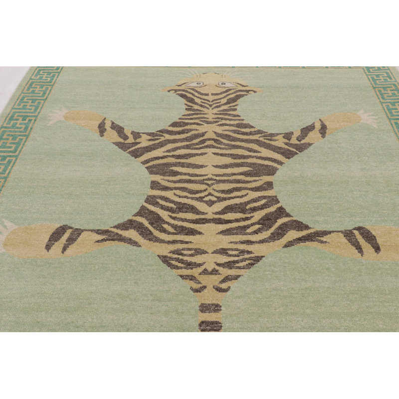 Rug & Kilim’S Distressed Tiger Rug In Green With Beige And Brown Pictorial