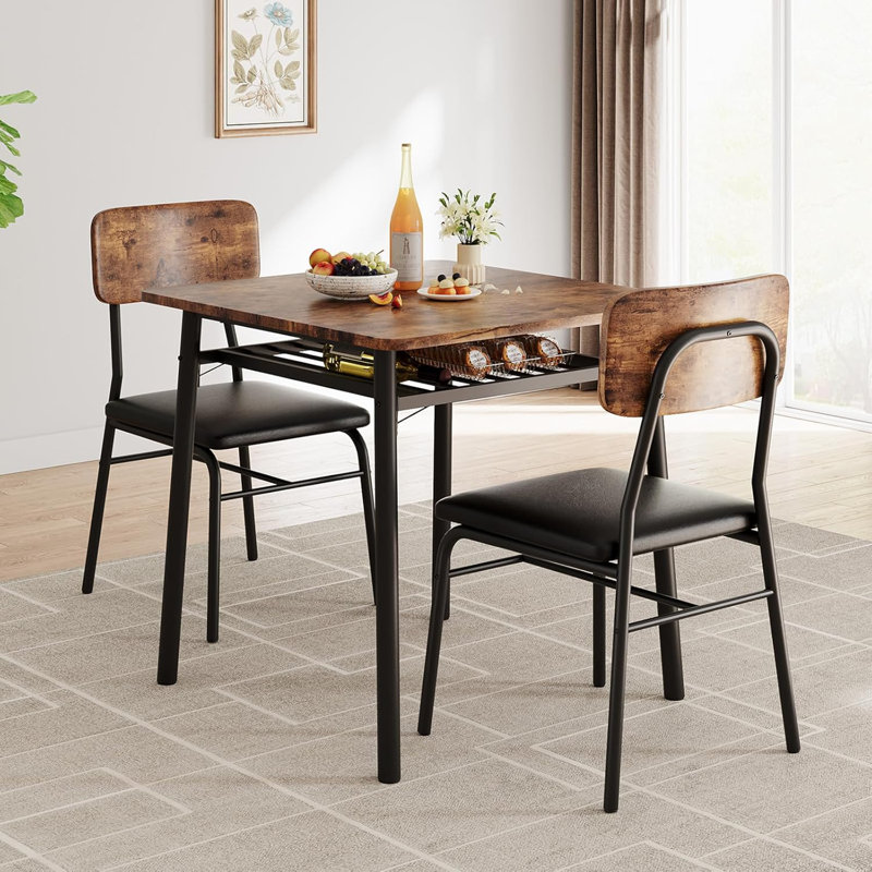 Ensemble de table de salle à manger 2 personnes avec tablette de rangement et chaises rembourrées, petite table de cuisine avec structure en métal pour appartement ou salle à manger
