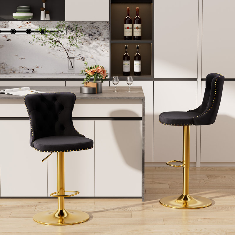 Tabouret de bar pivotant en velours à hauteur réglable avec structure en métal (ensemble de 2), Noir, Doré