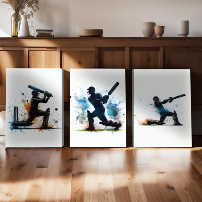 Ensemble de 3 affiches murales encadrées, représentant des joueurs de cricket. Décoration murale abstraite et moderne sur toile, idéale pour le salon, la chambre à coucher, le bureau ou toute autre pièce. Motifs colorés avec silhouettes de joueurs en pleine action de frappe et effets de peinture.
