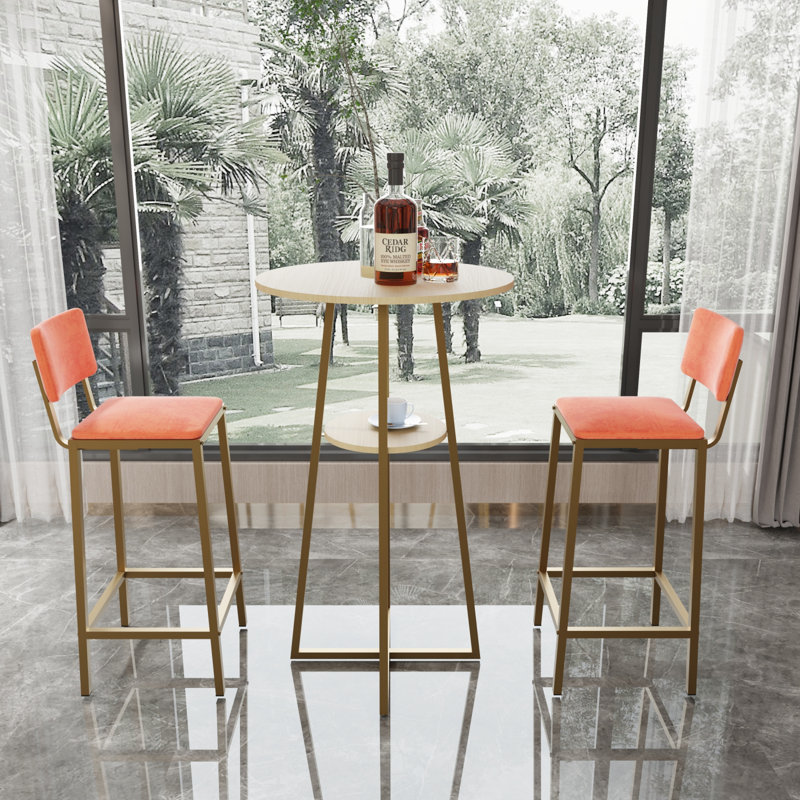 Ensemble de table et chaises de bar, ensemble de trois pièces, structure dorée, coussins et dossiers de siège en éponge, table de bar avec rangement