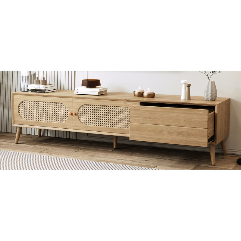 Meuble télé pour salon, compatible avec les téléviseurs de 70 à 79 pouces, pieds en bois massif, style décoratif avec rangement.