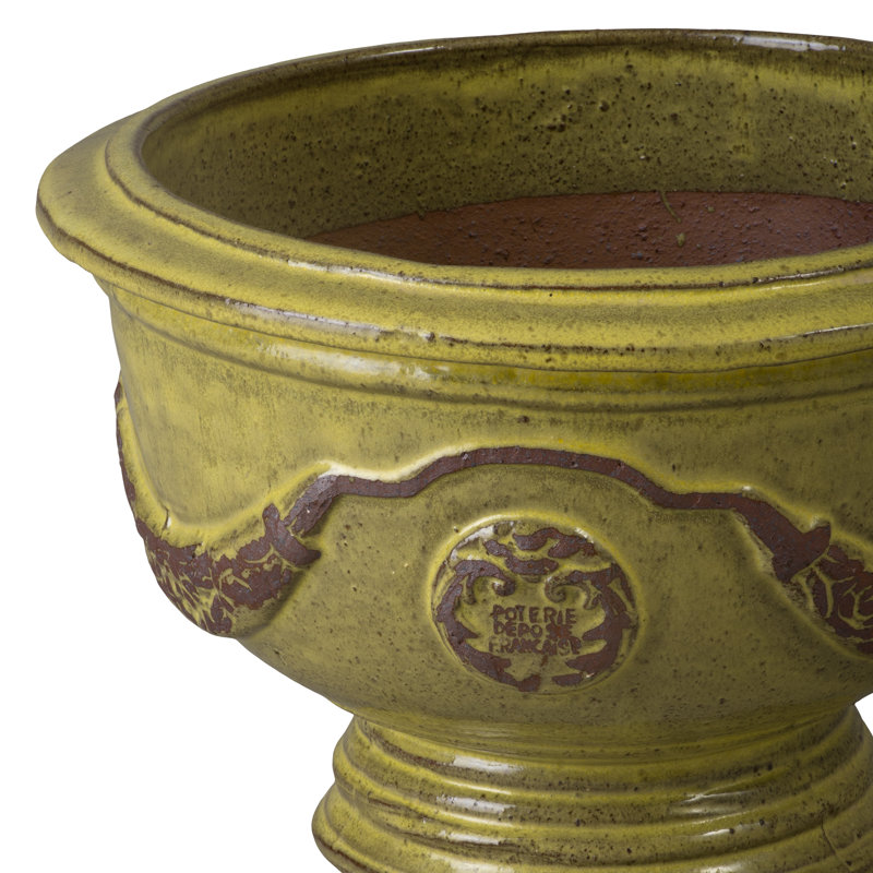 Anduze French Yellow Ceramic Round Planter with Drainage Hole, 10" H x 14.5" W x 14.5" D