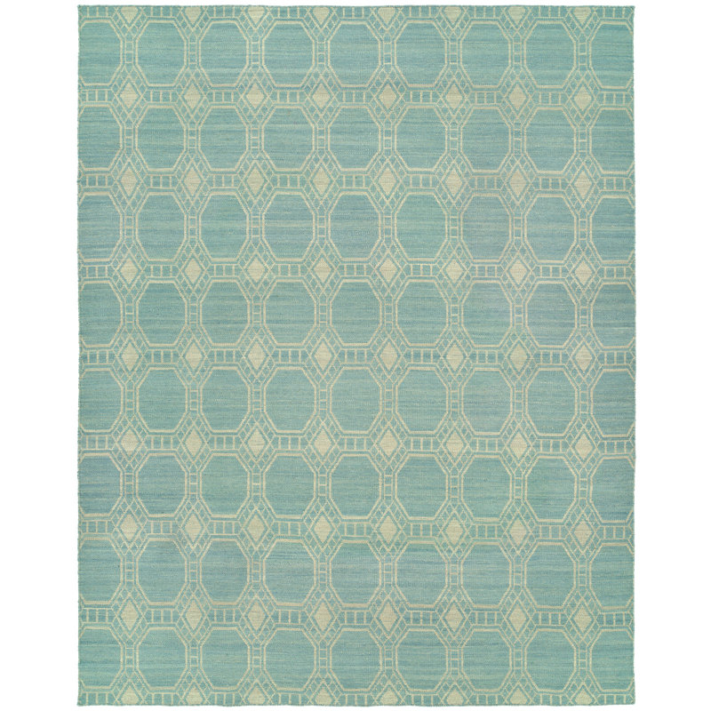 Wool Geometric Area Rug in Ivory/Baby Blue, Rectangle 9' x 12'