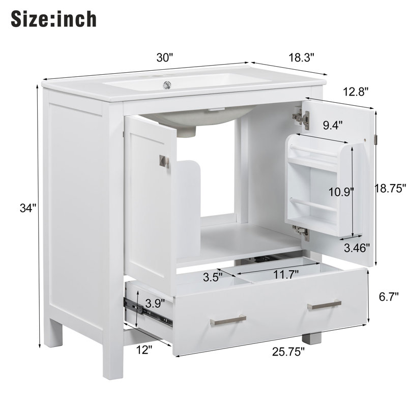 Nebo Single Bathroom Vanity with Ceramic Top, Silver, White, 30"