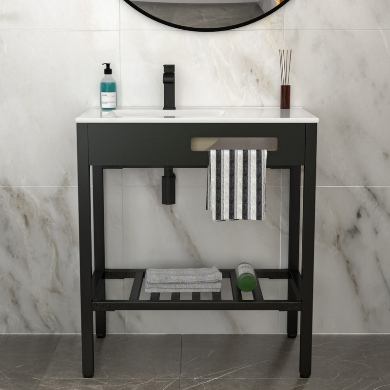 Lavabo de console de salle de bain en céramique 32 "x 18,5" avec trop-plein et pieds noirs