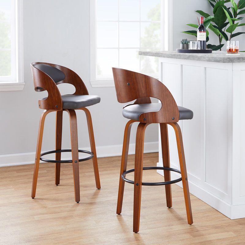 Phoebe 30" Fixed-Height Bar Stool with Bent Wood Legs & Round Footrest (Set of 2), Gray