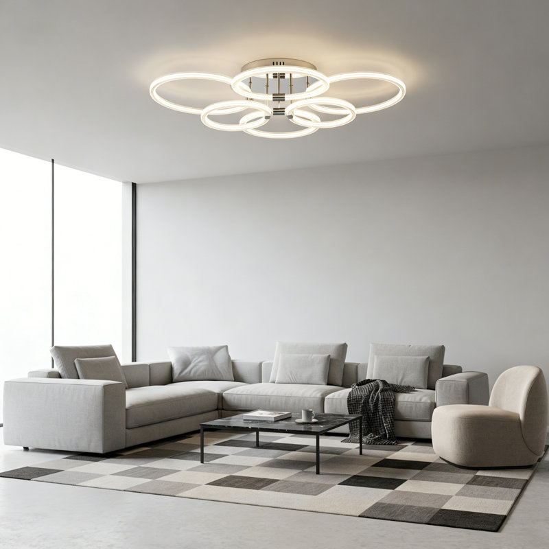 Modern 4-ring Dimmable Integrated Led Flush Mount Ceiling Light With Remote Control, 6 lumières