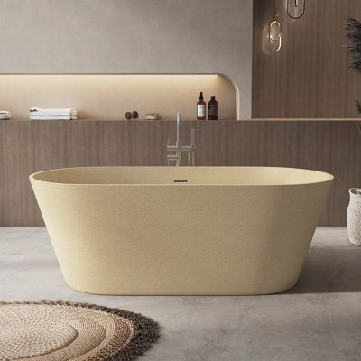 63'' Freestanding Solid Surface Soaking Bathtub, Matte Beige Terrazzo Bathtub Soaking Tub with Center Drain