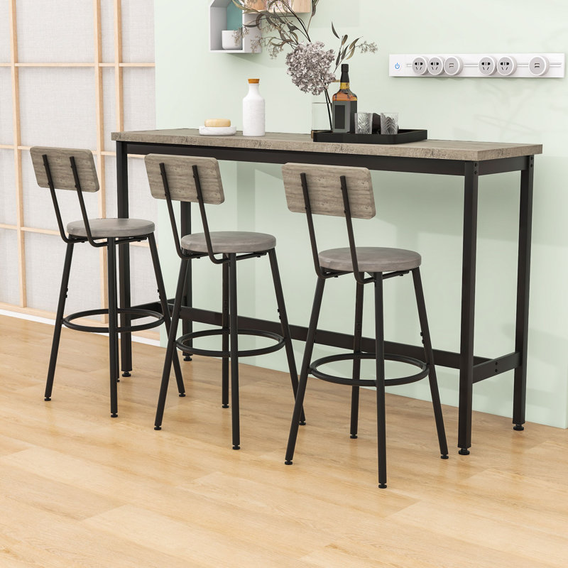 Ensemble de table de salle à manger long 4 pièces avec 3 tabourets rembourrés en polyuréthane, Gris rustique