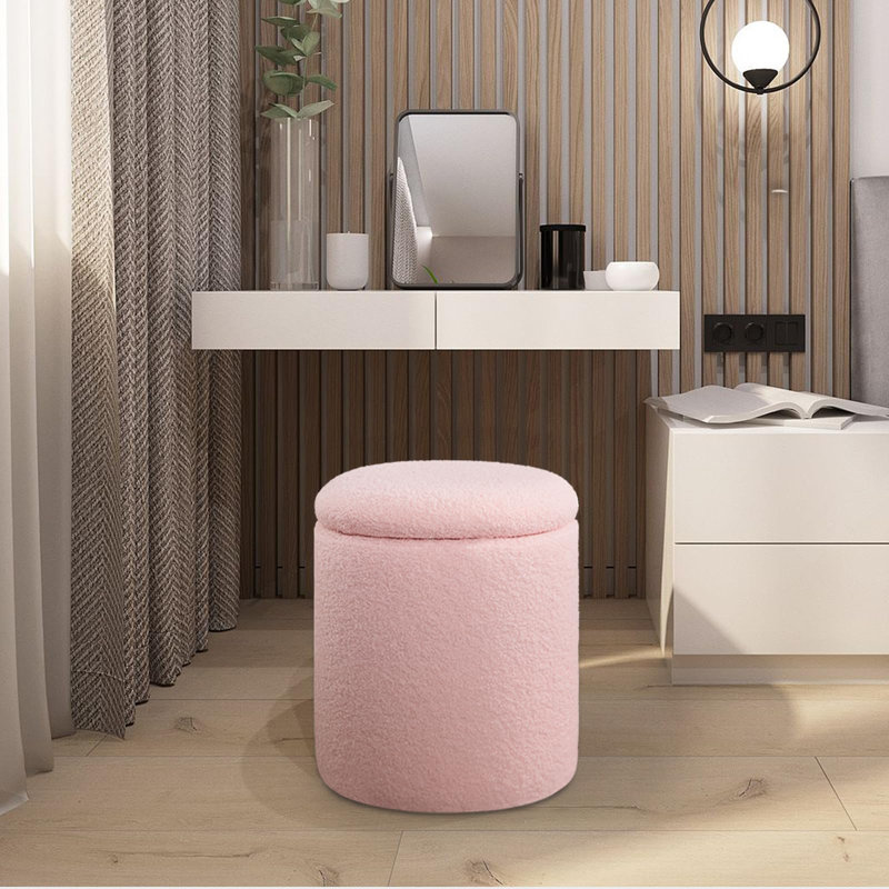 Round Ottoman With Storage Set Of 2, Pink Teddy