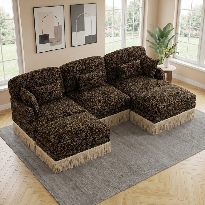 Canapé de 100 po en forme de U avec repose-pieds mobile, bord de pampille délicat, style moderne, siège profond ergonomique, facile à assembler pour le salon
