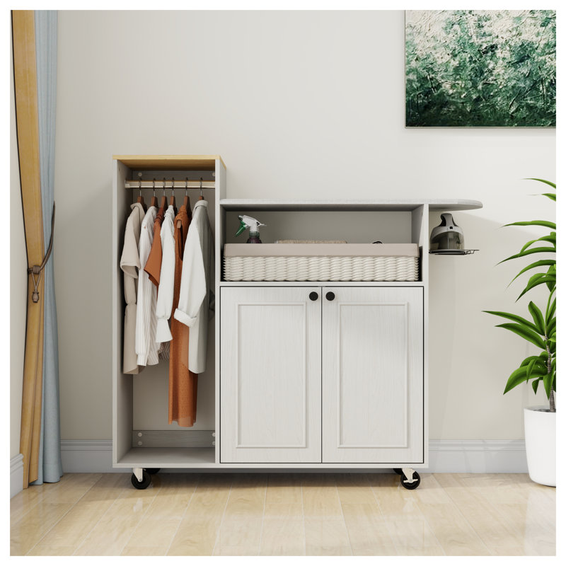 Chariot à repasser à roulettes antique blanc avec planche à repasser - Armoire à repasser polyvalente avec roulettes et tablette réglable, solution de repassage compacte pour la salle de lavage et la chambre