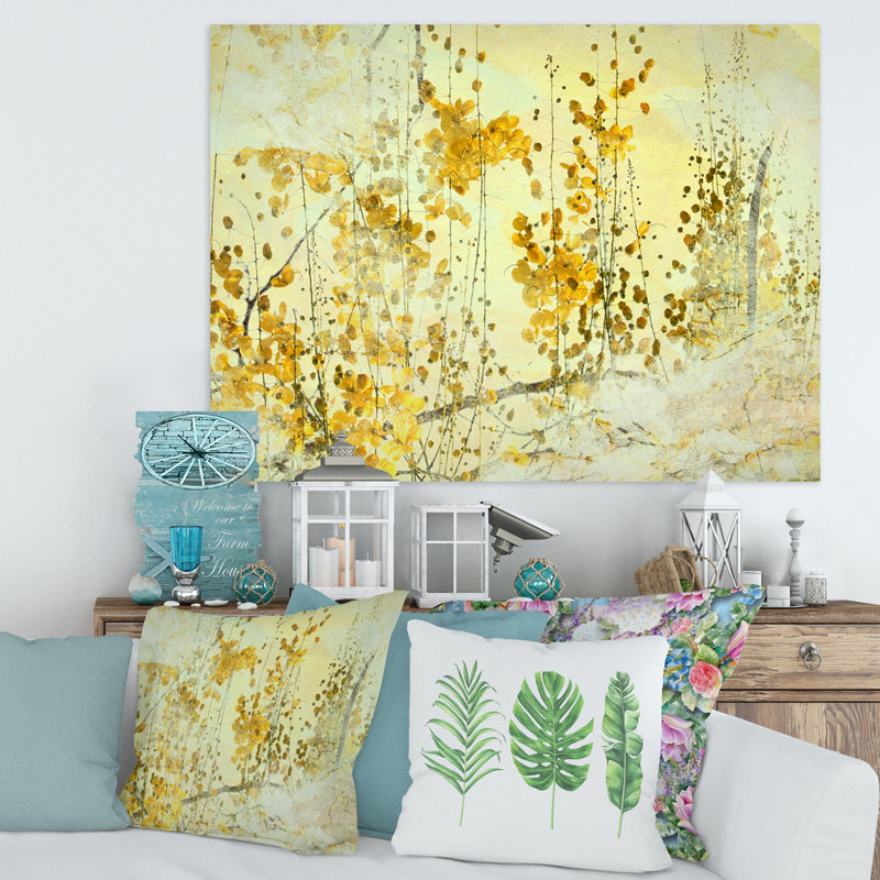 Fleur jaune, art grunge - peinture sur toile, H 16 po x l 32 po x p 1 po, Toile tendue