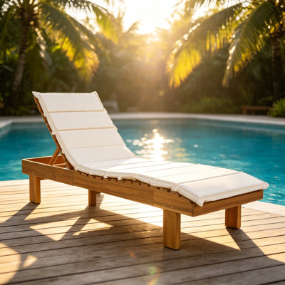 Chaise longue en bois d'acacia avec coussin beige pliable, finition teck, capacité de 400 lb