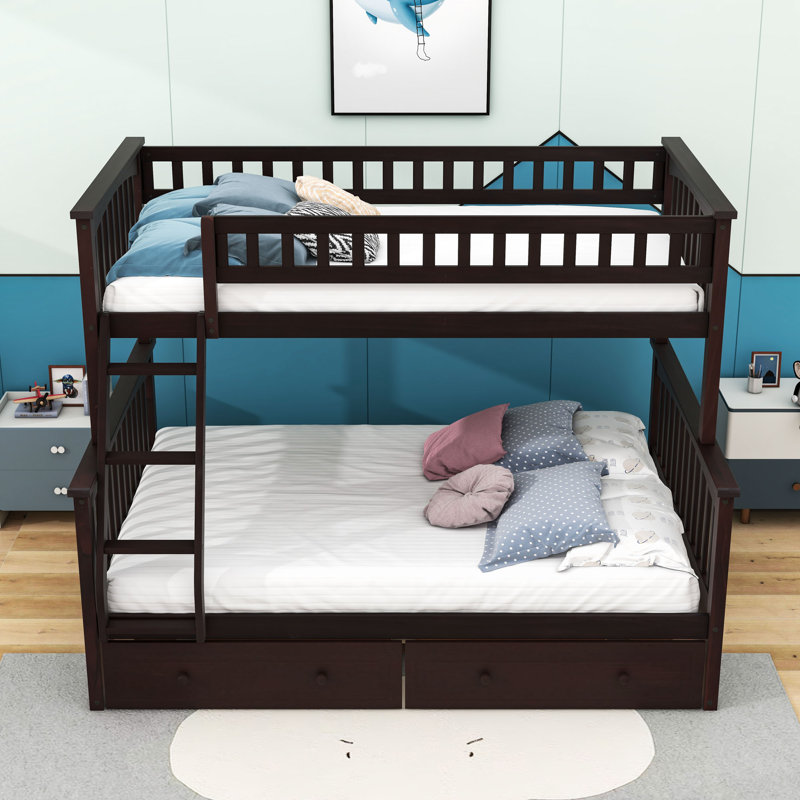 Lit superposé simple au-dessus d'un lit double en bois avec 2 tiroirs, Espresso