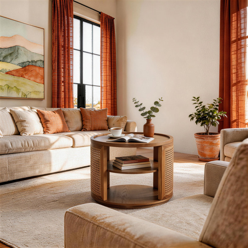19.7'' Vintage Round Rattan Solid Brown Walnut Wood Side Table With 2 Tier Storage Farmhouse For Living Room&bedroom