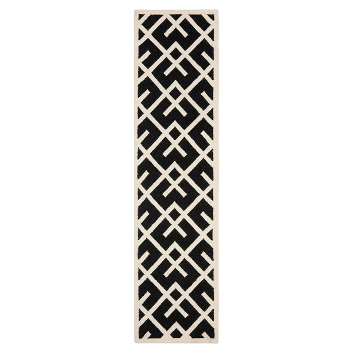 Rodgers Hand Woven Flat Weave Wool/Cotton Geometric Rug in Black/Ivory, Runner 2'6" x 12'